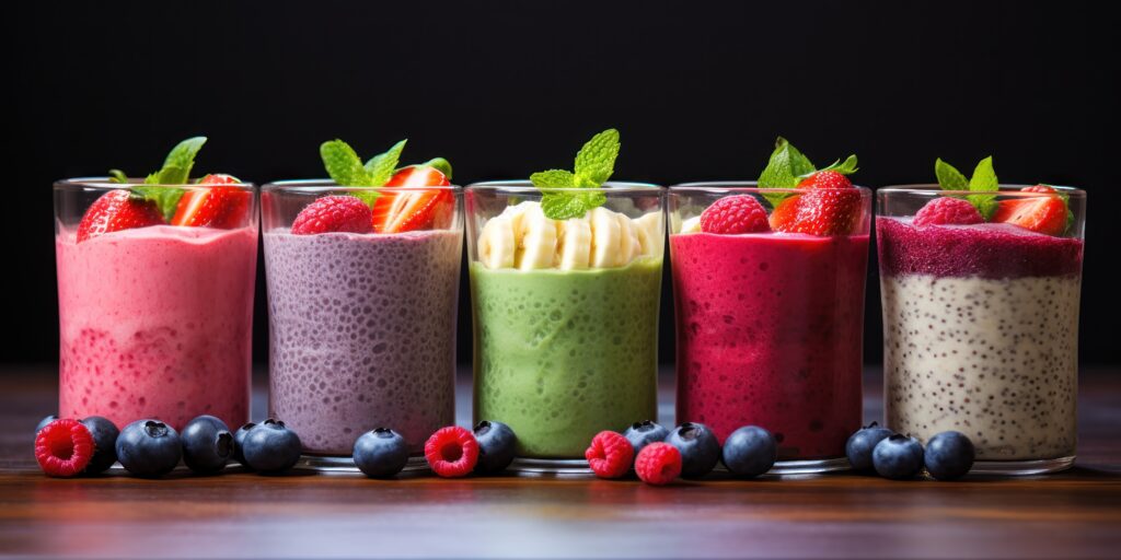 Layers of berry and chia seed smoothies, colorful and healthy.