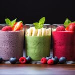 Layers of berry and chia seed smoothies, colorful and healthy.