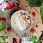 Top view of a healthy smoothie bowl with fruits and granola